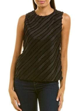 REBECCA TAYLOR Bias Lash Eyelash Tank Black Sleeveless Textured Stripe Tank Top